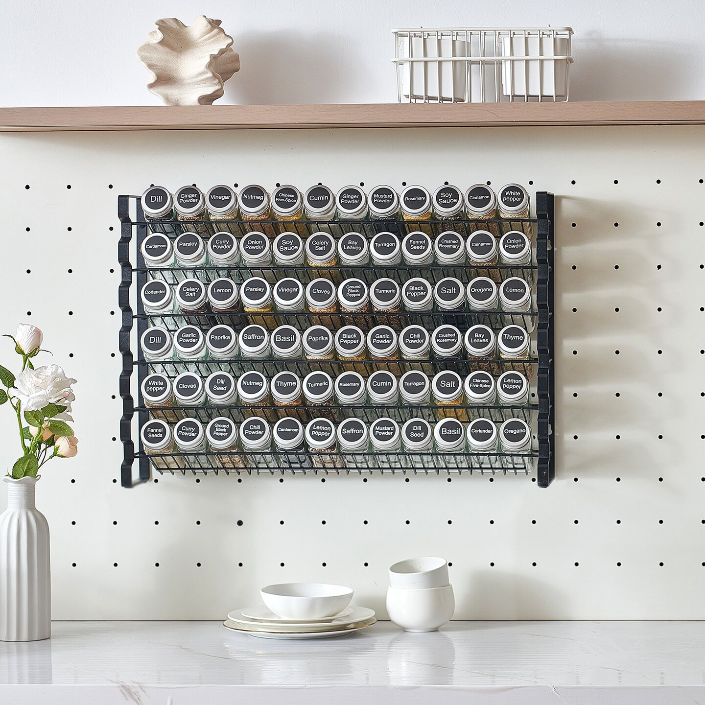 Steel Spice Rack Organizer with 36 Glass Jars Wall Mounted or Countertop Storage Shelf