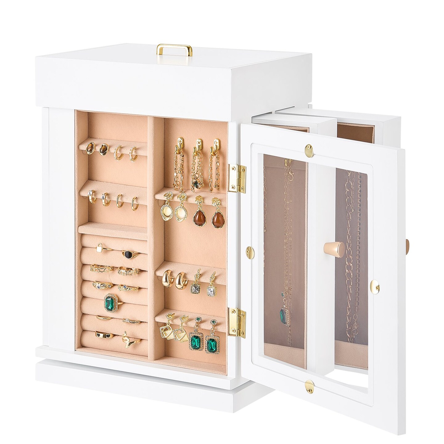 360 Rotating Jewelry Box Organizer with Acrylic Window and Necklace Hooks Storage Case