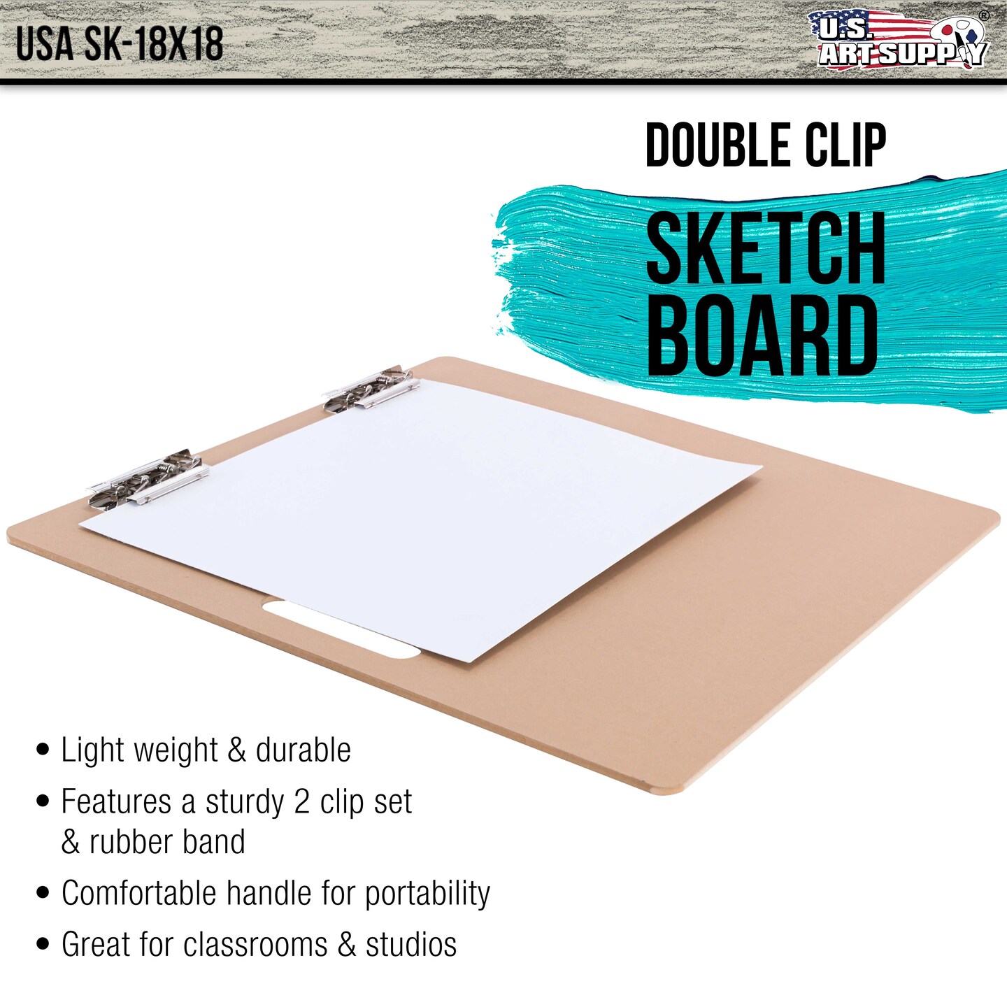 18&#x22; x 18&#x22; Artist Sketch Tote Board - Lightweight Hardboard Drawing Board with Handle, Clip &#x26; Rubber Band for Art, Sketching, Travel, Studio