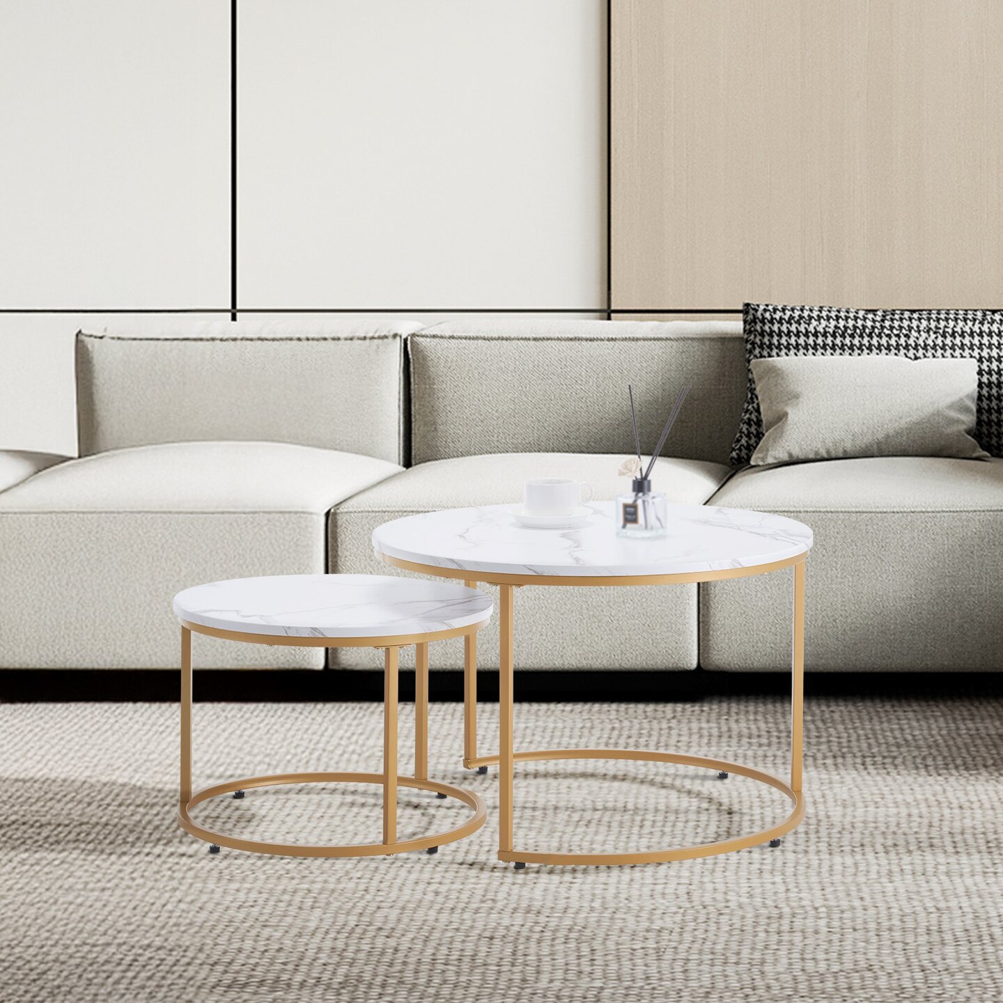 Tempered Glass and MDF Round Nesting Coffee Table Set with Carbon Steel Frame