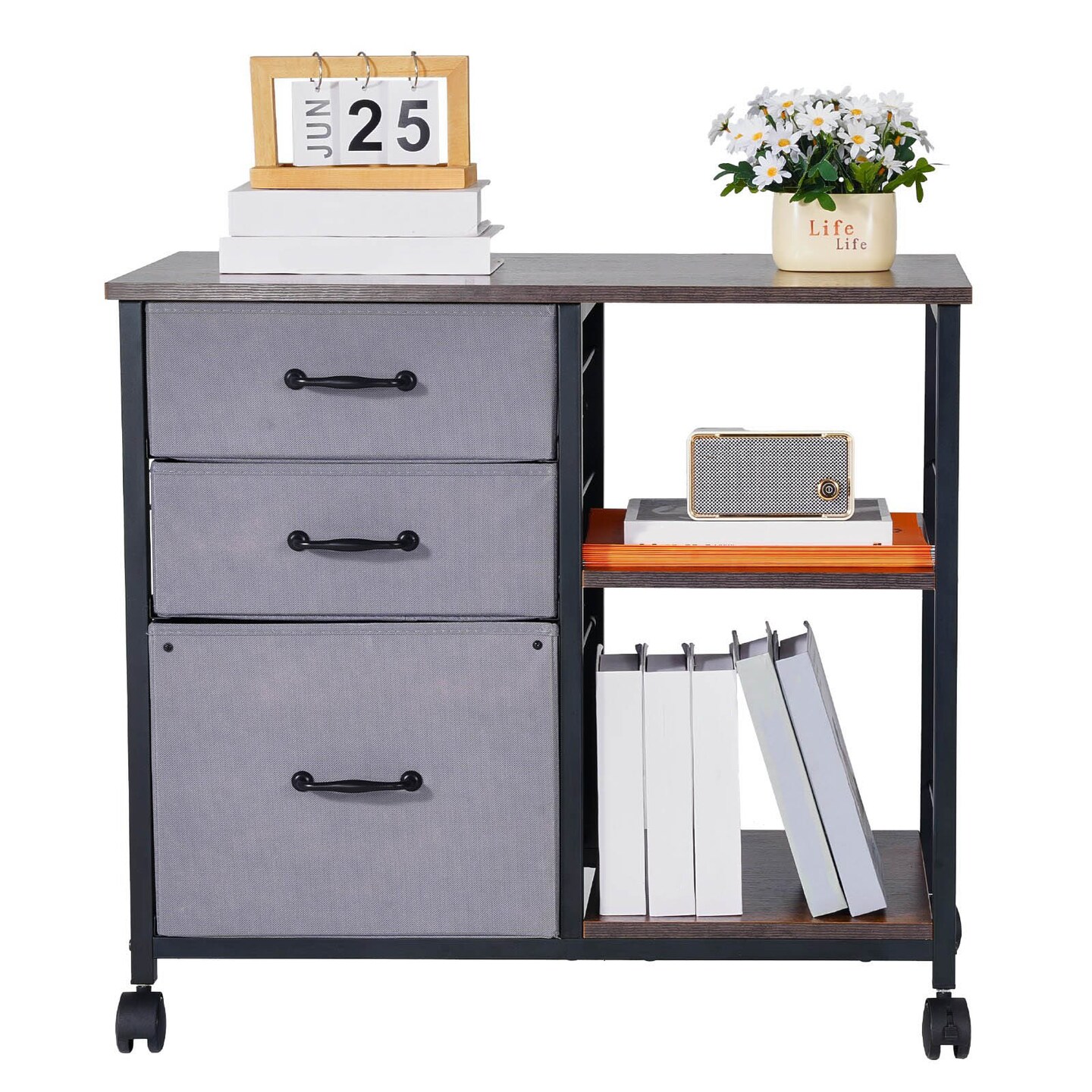 Mobile Metal File Cabinet with 3 Fabric Drawers and 2 Shelves Wooden Storage with Wheels
