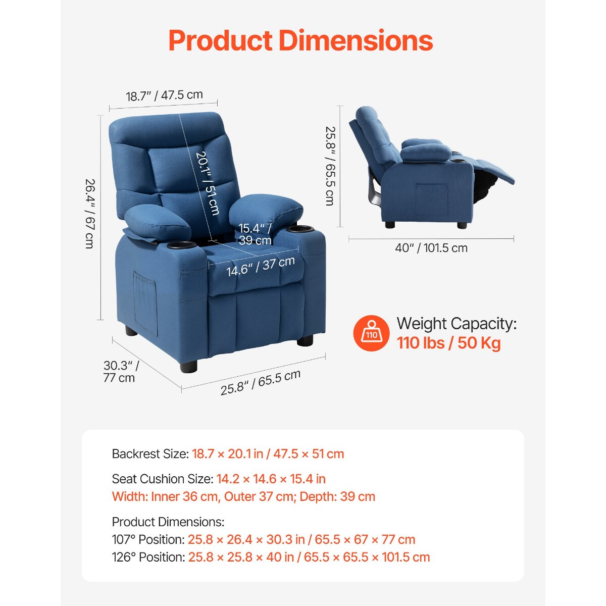 Kids Recliner Chair with Cup Holders Adjustable Backrest and Footrest for Boys Girls