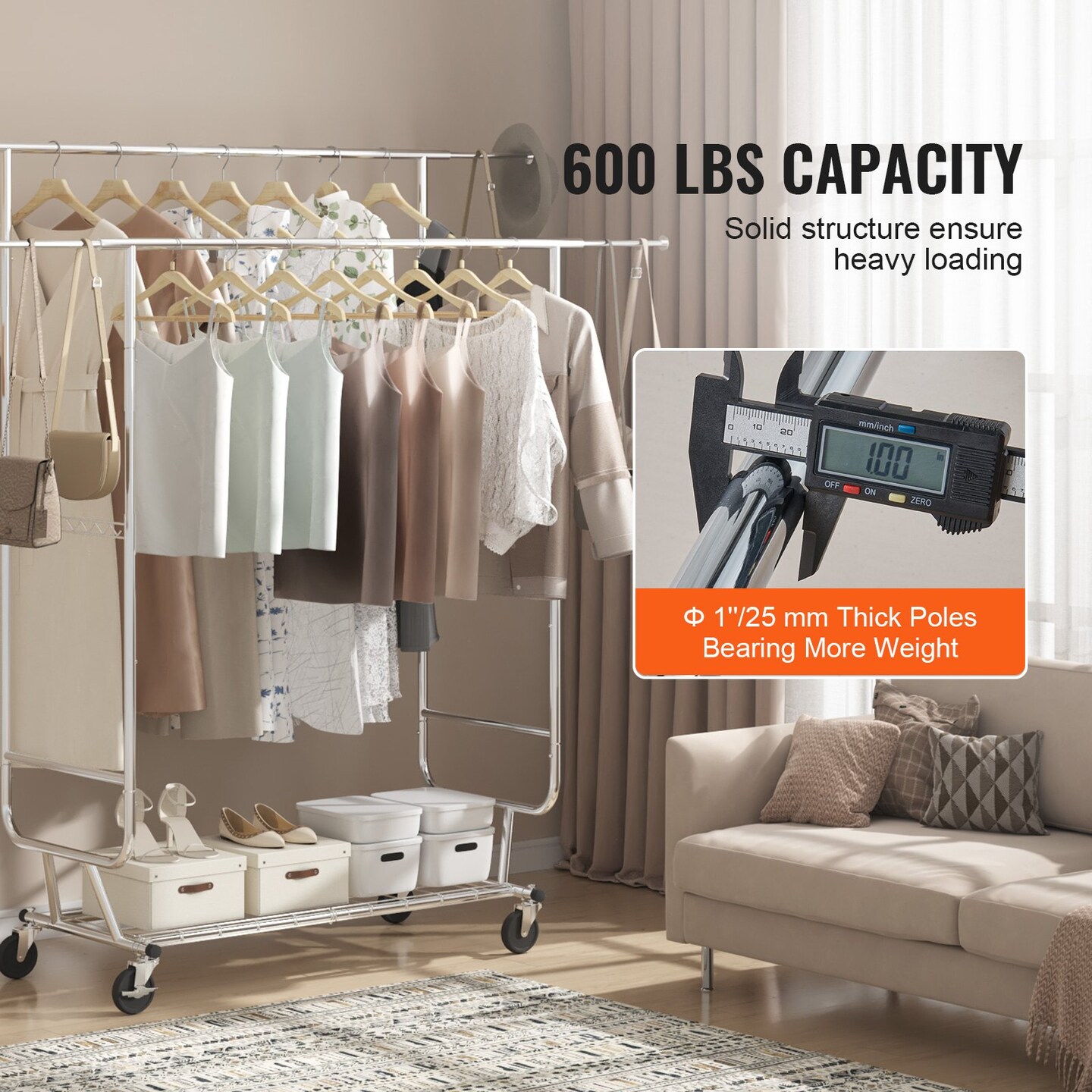 Silver Double Rod Garment Rack with Extendable Height, Bottom Shelf and Casters