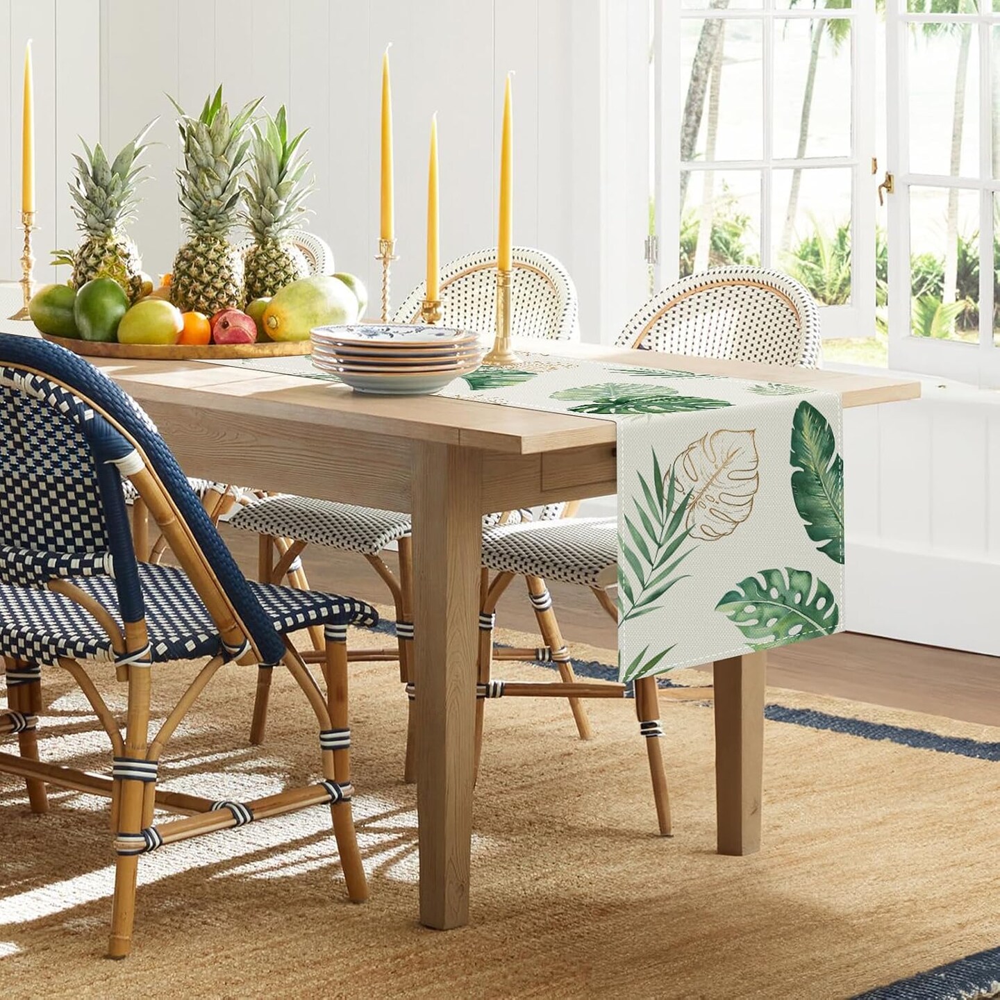Tropical Palm & Monstera Leaf Table Runner, 13 x 90 Inches – Summer Green Botanical Dining Table Decor for Indoor & Outdoor Home Parties