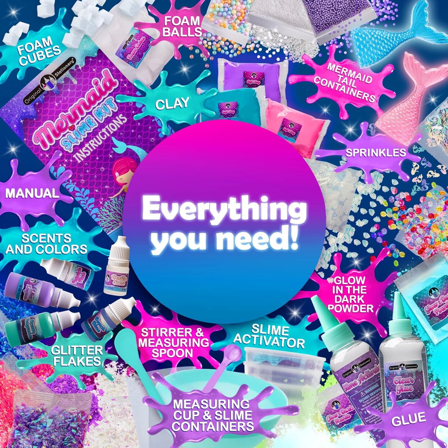 Mermaid Slime Kit - 35 Piece DIY Glow in The Dark Slime with Glitter Add-Ins (Original)