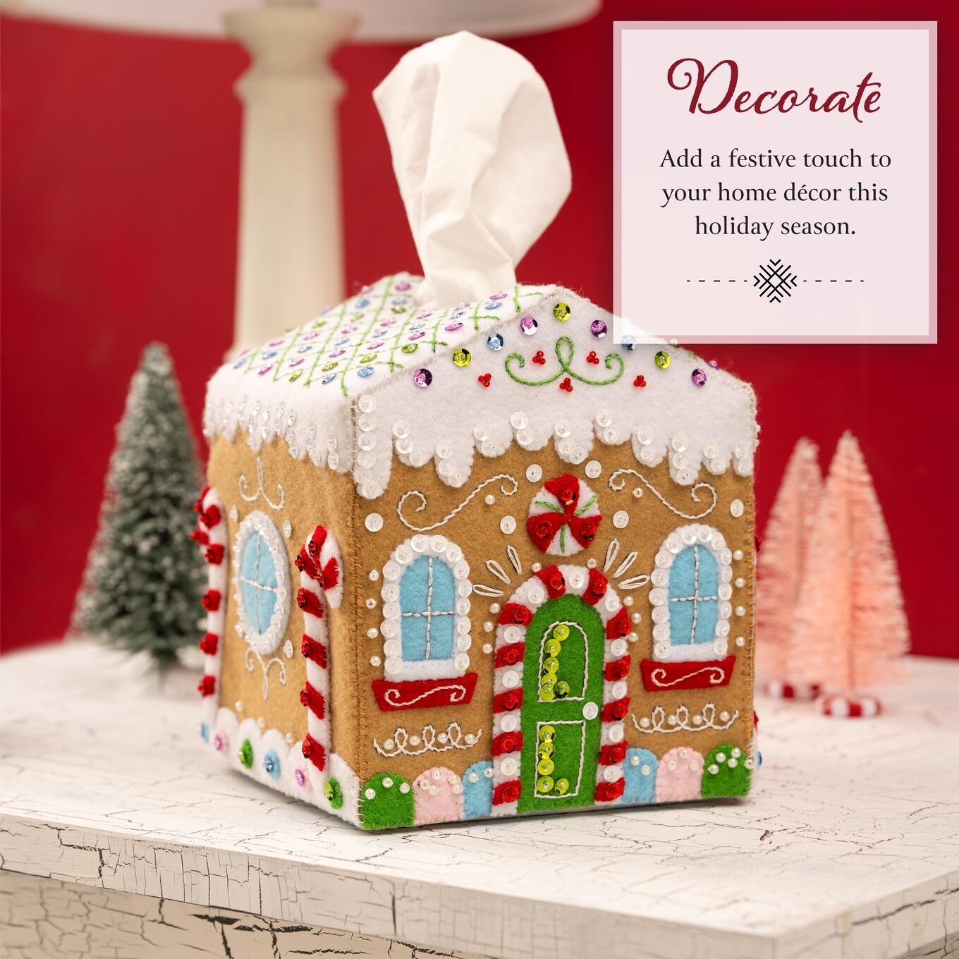 Bucilla Tissue Box Cover Felt Applique Kit 5"X5"X6.25"-Gingerbread Cottage
