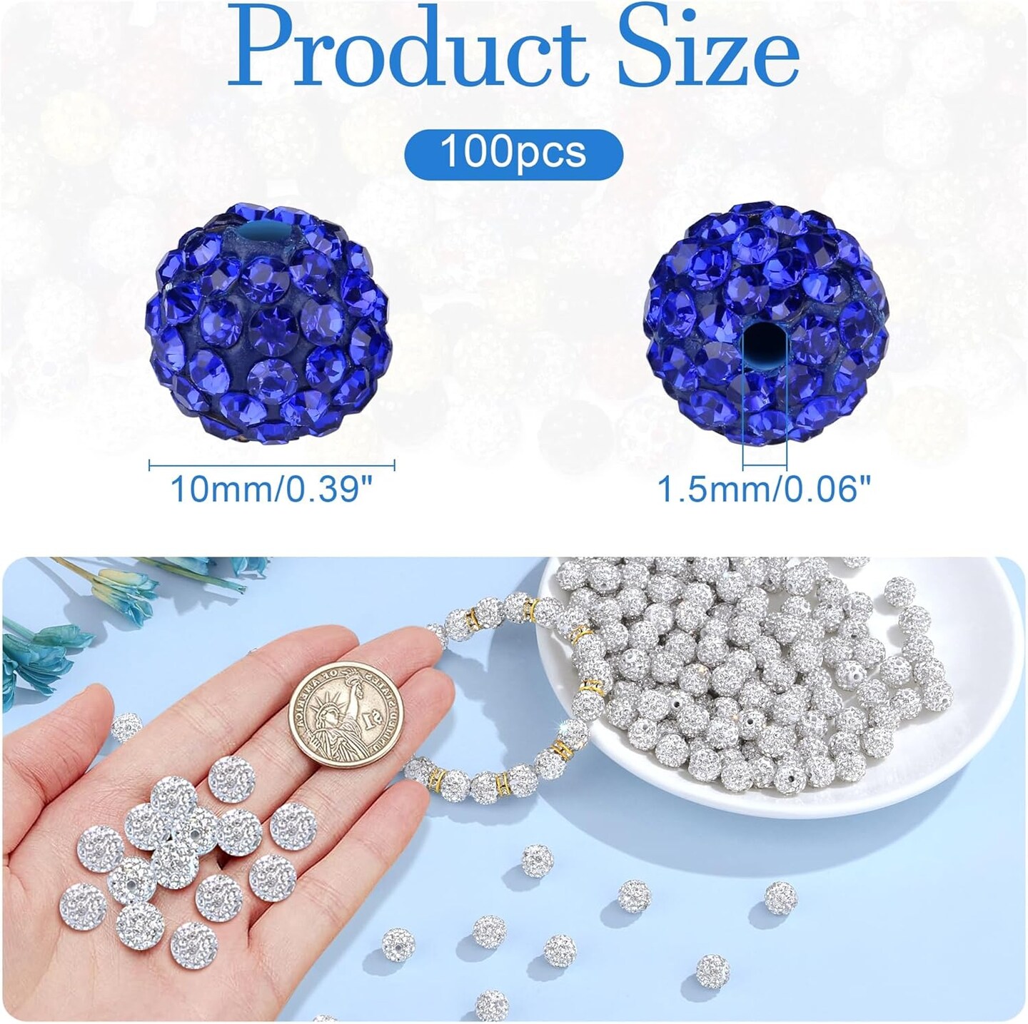 100pcs 10mm Blue Clay Beads, Round Blue Rhinestone Beads for Jewelry Making(Sapphire)