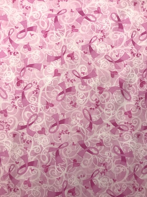 1 Yard Pink Ribbon Hearts Cotton Fabric 44&#x2013;45&#x2033; Wide Pink Breast Cancer Awareness Print