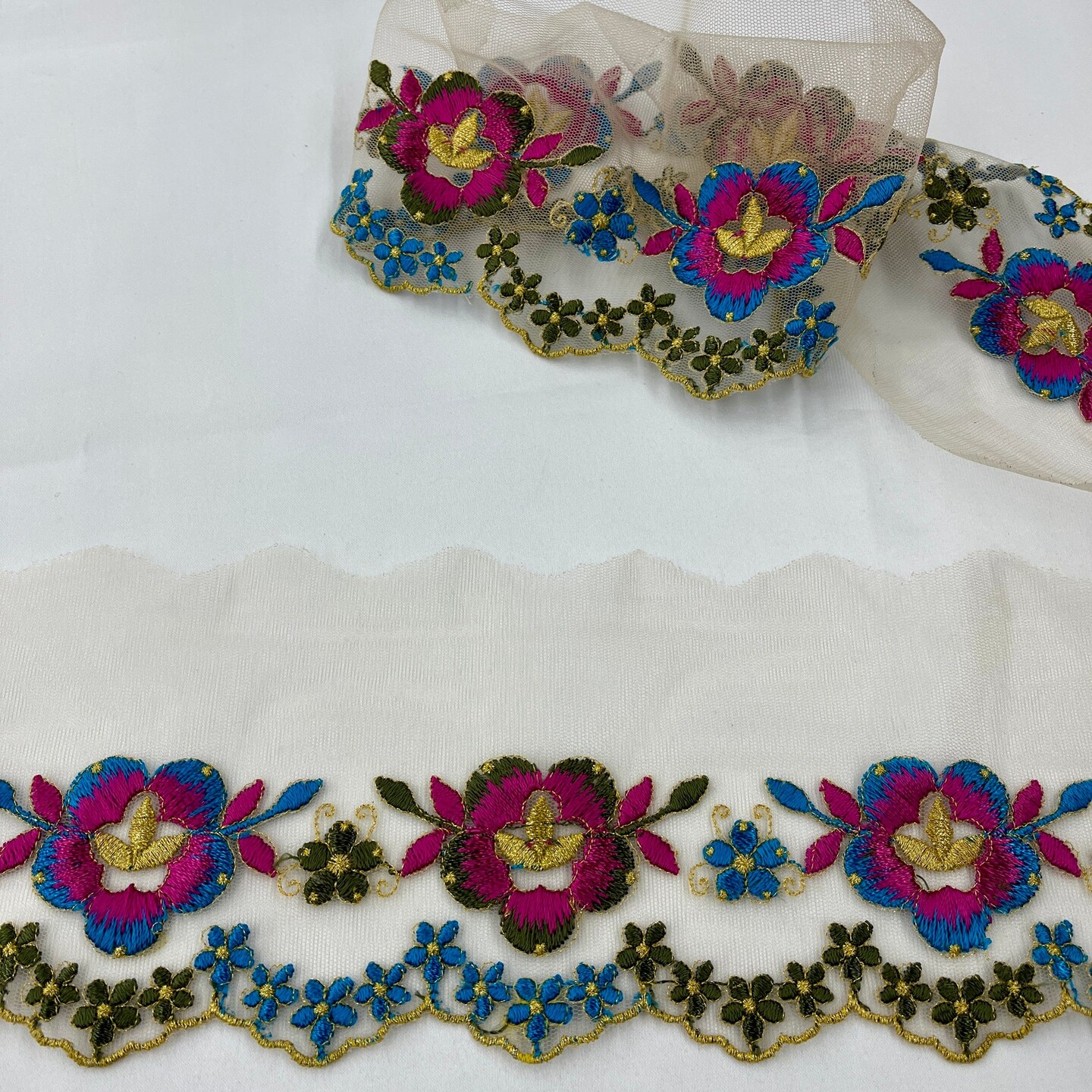 1 Yard Colorful Floral Lace Trimming on Net Mesh &#x2013; 2.5&#x22; Wide | Handmade Embroidered Trim for Dresses &#x26; Costumes