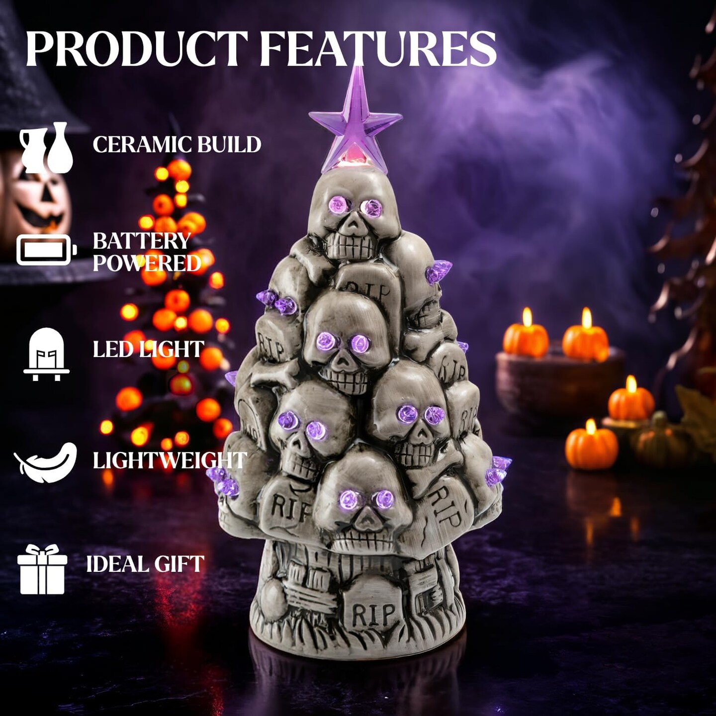 Battery Operated Halloween Gothic Skeleton Tree Tabletop Decor(Ceramic Rip Tombstone Tree)