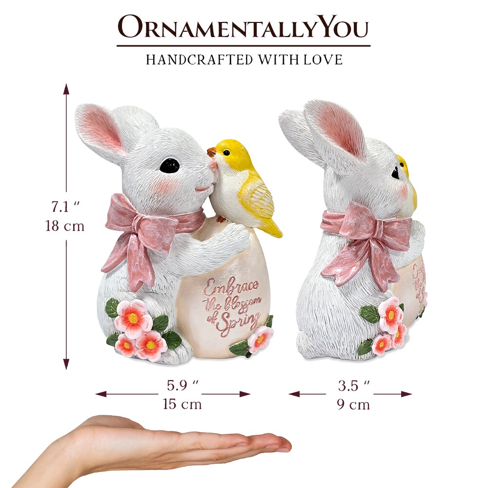 Bunny and Yellow Bird Easter Garden Statue, 7" Spring Rabbit Figurine Outdoor Decor