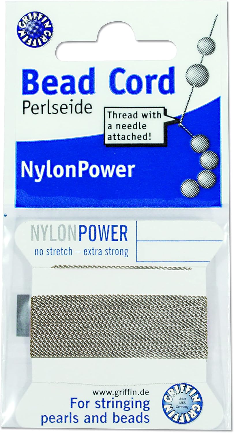 Griffin Nylon Bead Cord Perlseide – Size 12 (0.98mm) – 2 Meters per Card – Stainless Steel Needle Attached – for Knotting Pearls, Gemstones, Crystals and Beads