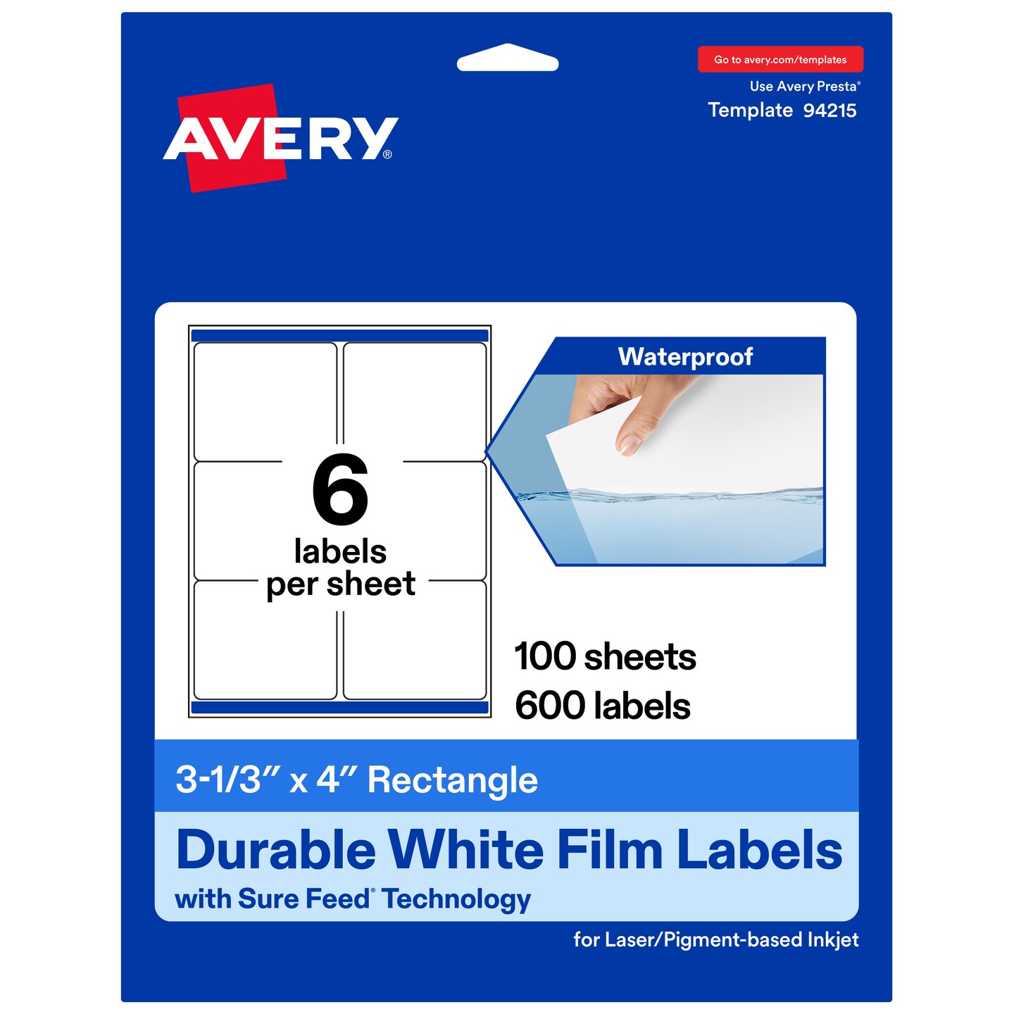 Avery Waterproof Rectangle Labels with Sure Feed, 3-1/3" x 4"
