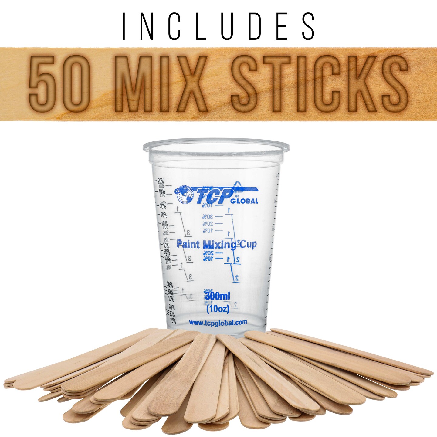 10 oz. (300ml) Graduated Plastic Mixing Cups - Box of 100 with 50 Mixing Sticks - Disposable Plastic Measuring Cups for Liquids, Paints, Resin, Epoxy, Art, Kitchen - Ratios 2-1, 3-1, 4-1 ML