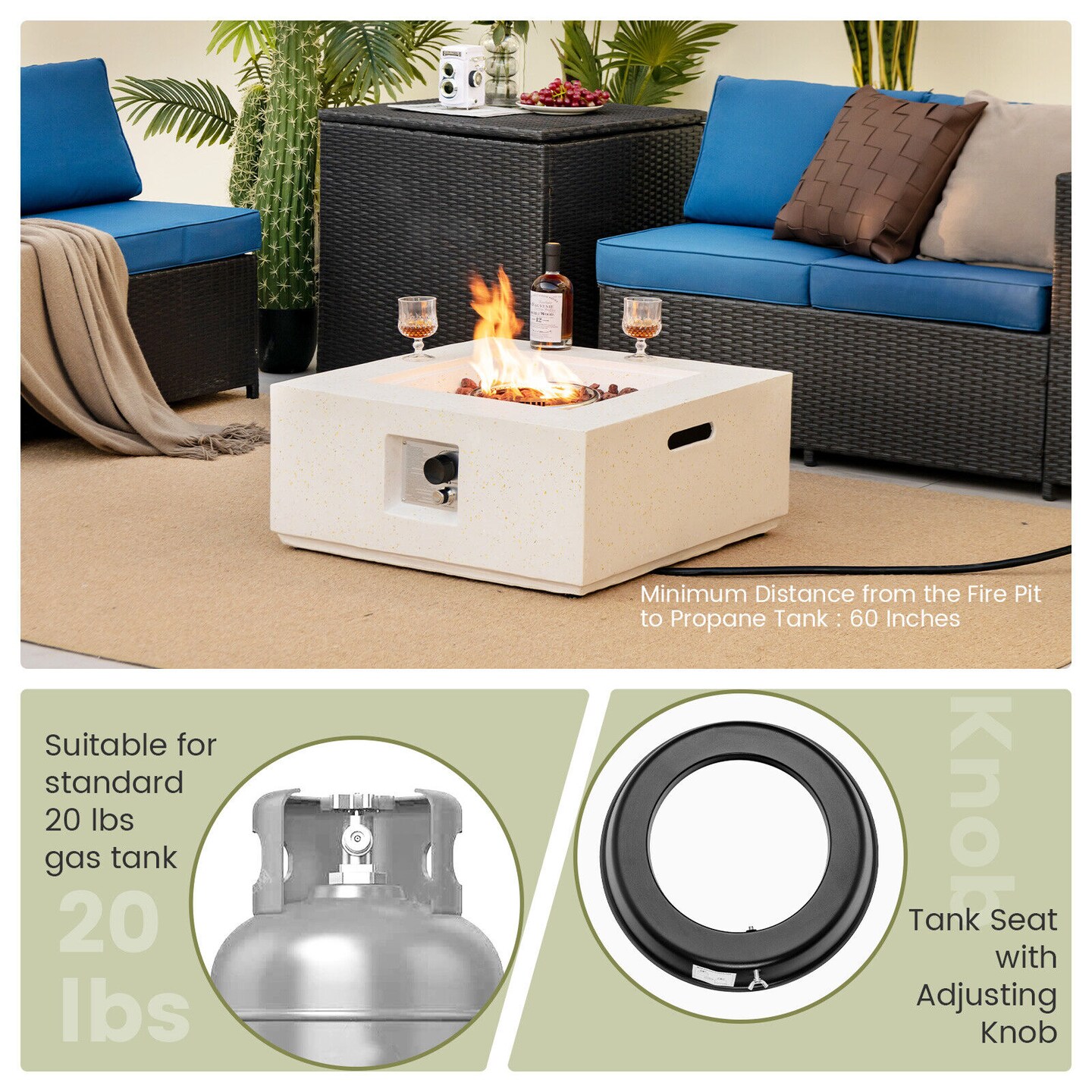 White 28 Inch Propane Gas Fire Pit Table 40,000 BTU Square Outdoor Heater