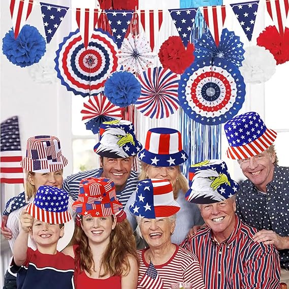 6 Pack Patriotic 4th of July Party Hats, American Flag Bucket Hats, USA Decorations Patriotic Hats Props, Red White and Blue USA Party Hats Accessories, Reversible Bucket Hats for Outdoor