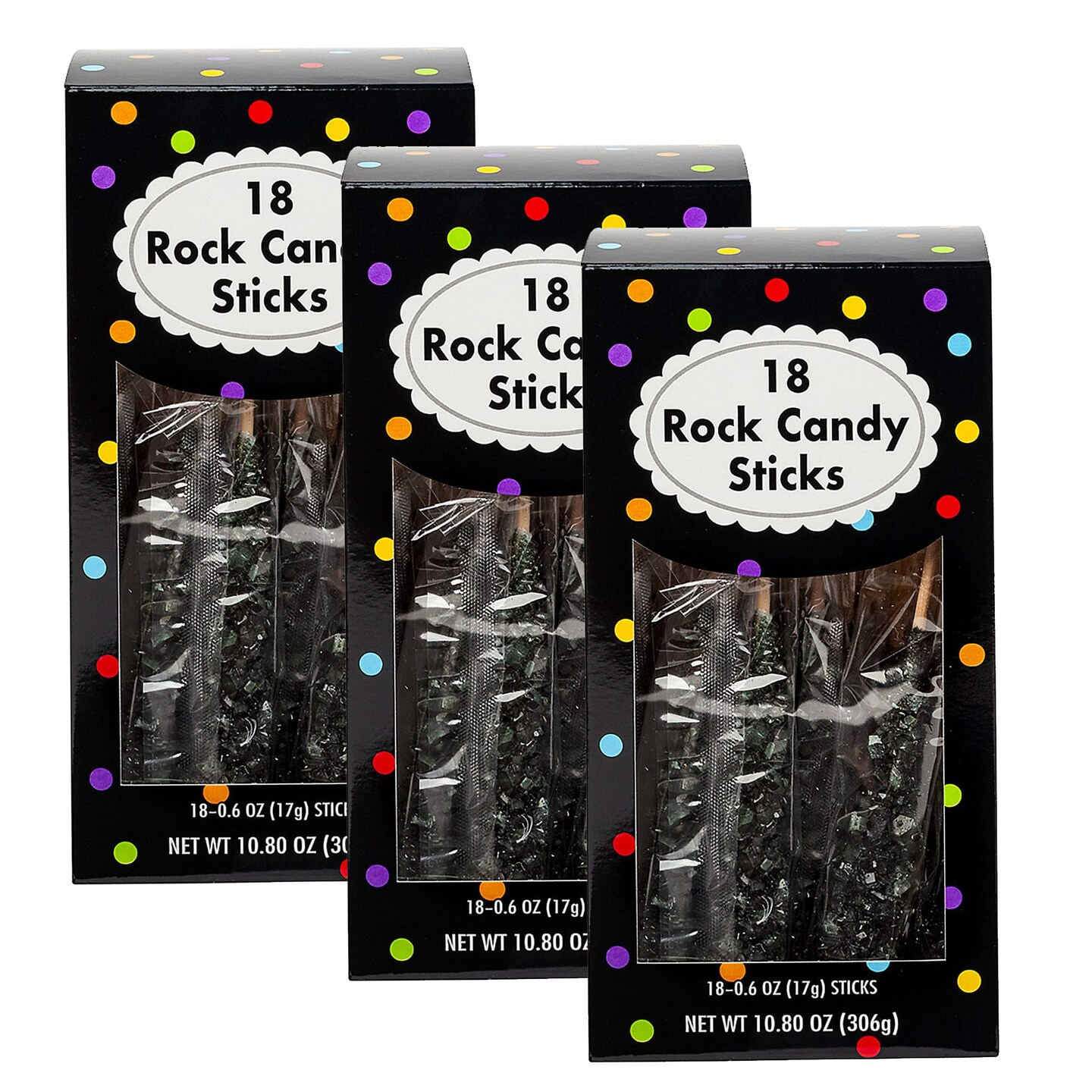 8&#x22; Black Rock Candy Sticks 18 Pack 10.8 oz
