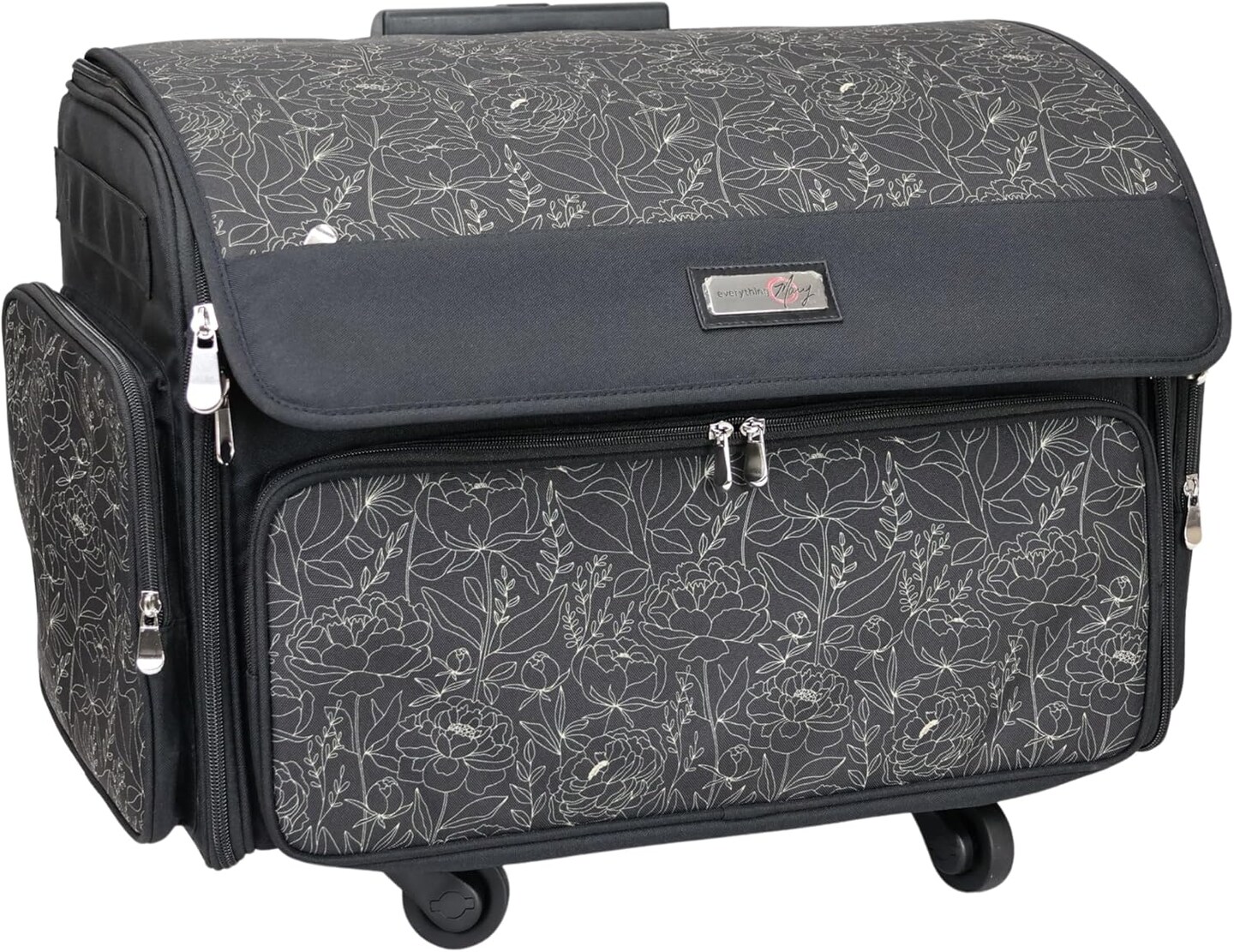 Everything Mary XL 4 Wheel Collapsible Rolling Sewing Machine Storage Case, Tan &#x26; Grey Floral