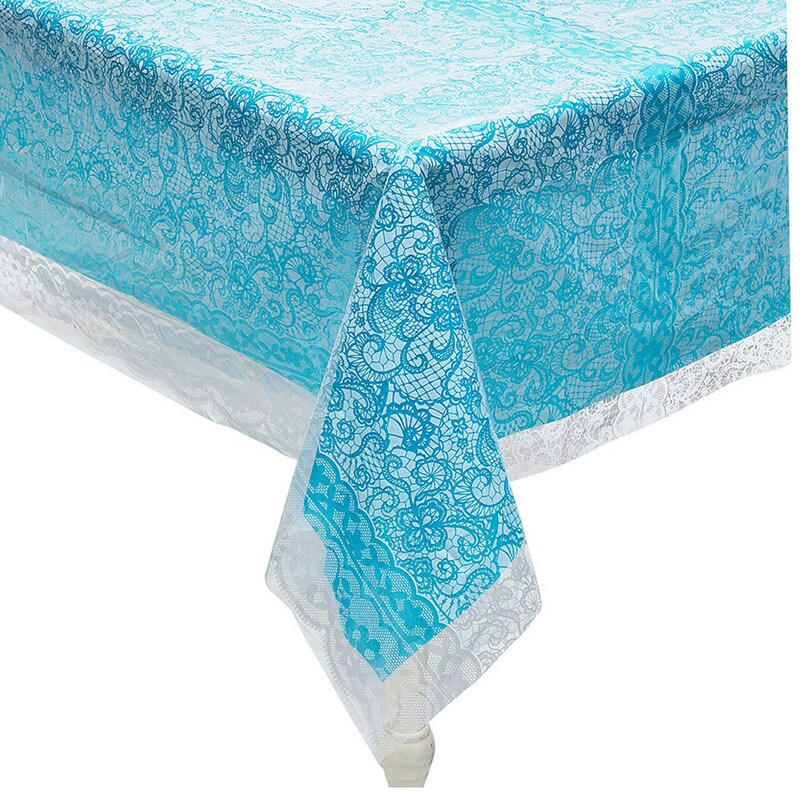 White Lace Printed & Light Pink Rectangle Disposable Plastic Tablecloth Kit 2 Pieces
