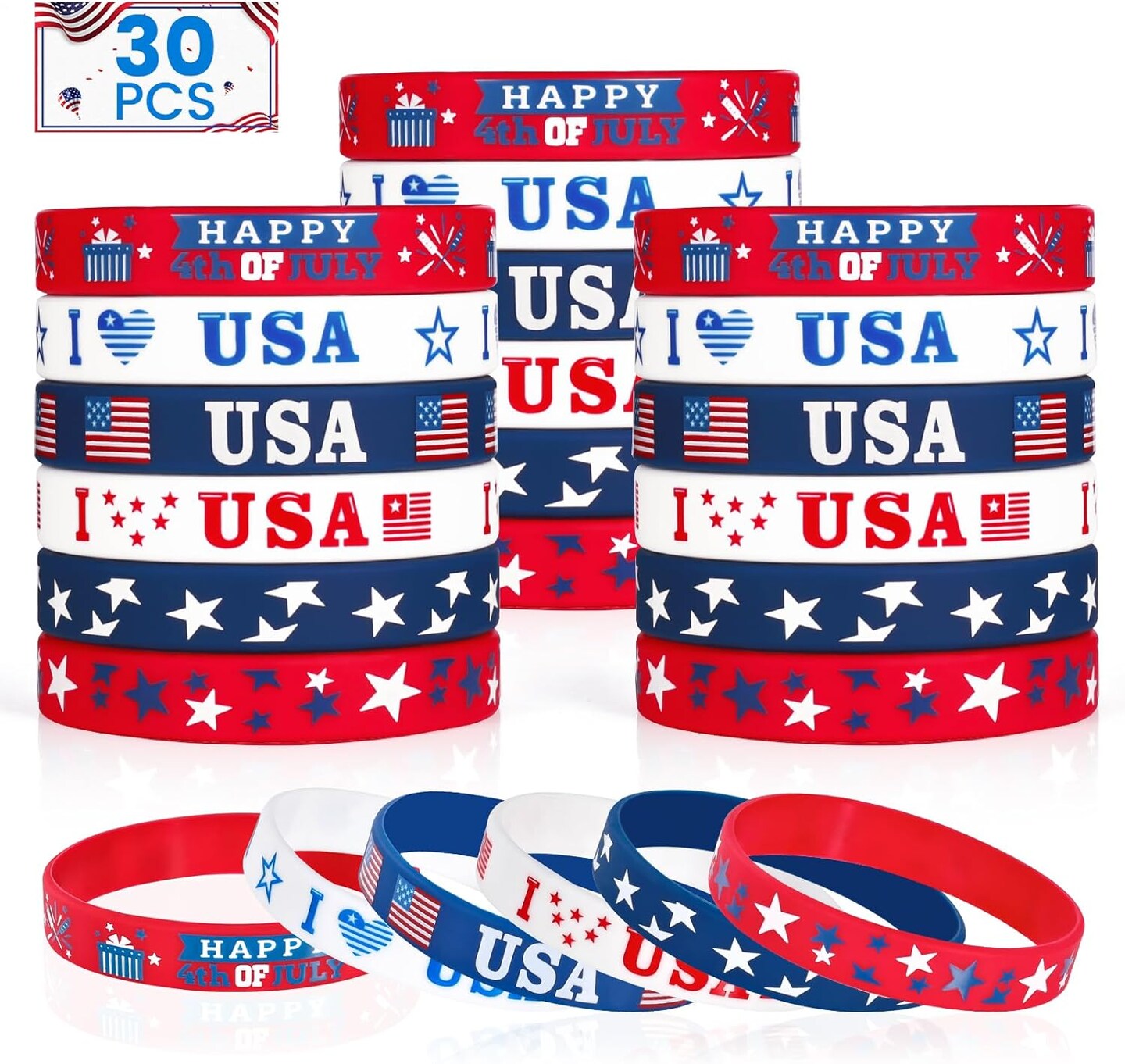 4th of July Party Favors Rubber Bracelets 30PCS USA American Flag Red White and Blue Silicone Wristbands for Kids Independence Day Party Fourth of July Patriotic Classroom Prizes Gifts Accessories