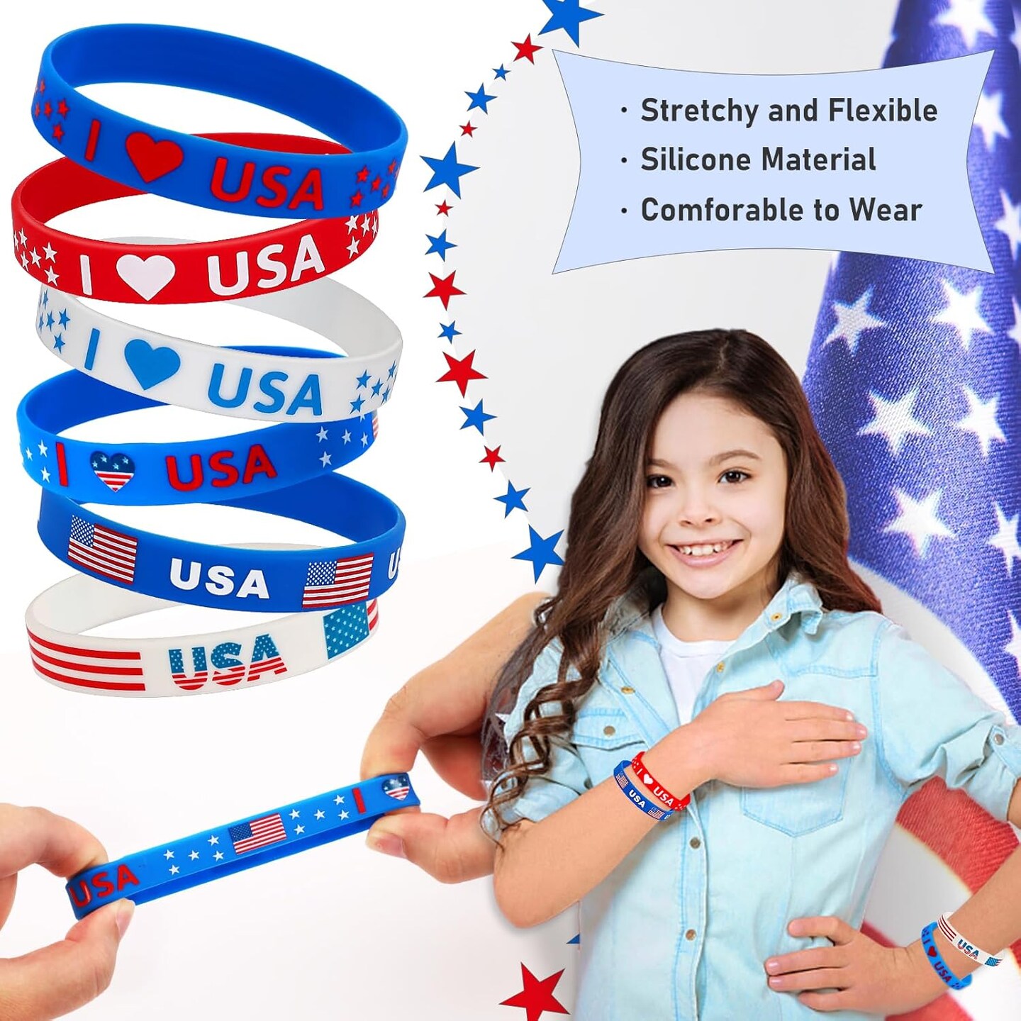 24pcs 4th of July Party Favors Silicone Bracelets USA American Flag Red White and Blue Rubber Wristbands for Patriotic Independence Day Party Gifts Holiday Decorations Supplies