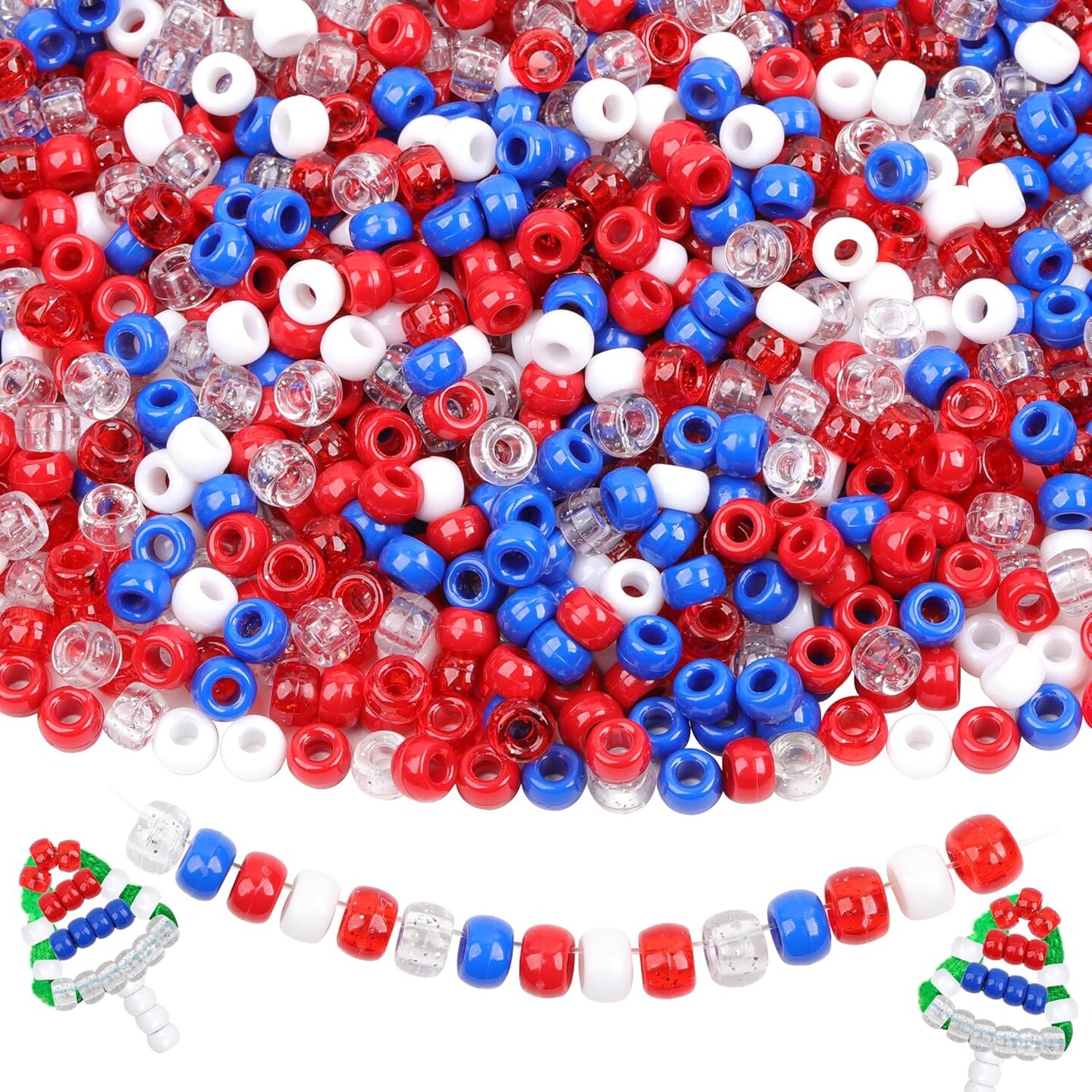 Red White Blue Glitter Pony Beads for Bracelet 1000 Pcs Plastic Beads for Friendship Bracelets 6x9mm Large Hole Beads for Hair Braiding Transparent Beads Necklace Earrings Jewelry Making