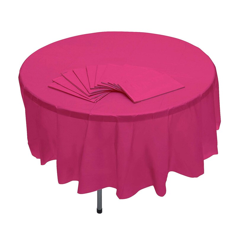 82&#x22; Bulk Pack of 12 Hot Pink Banquet Style Round Disposable Plastic Tablecloths