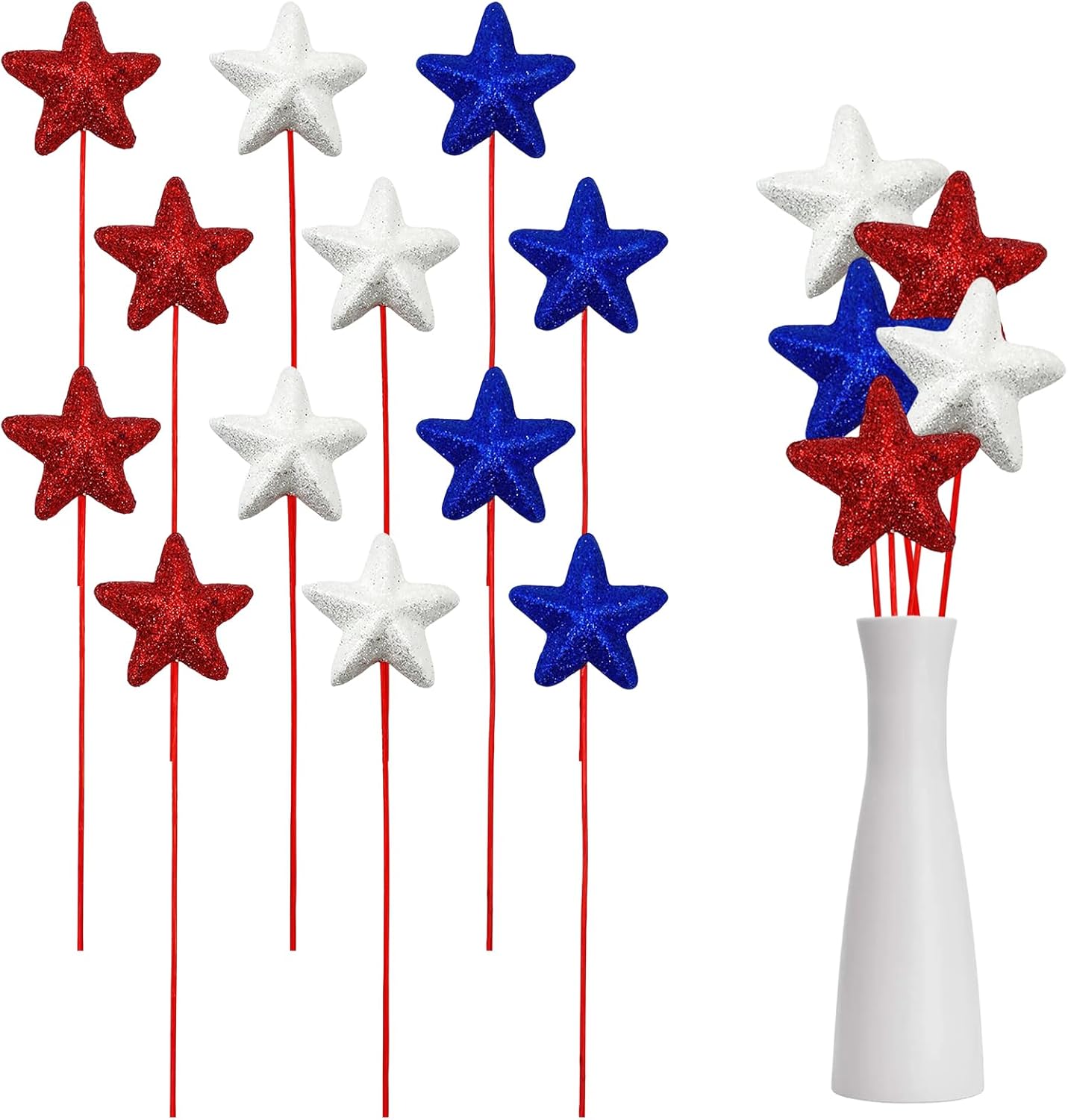12 Pcs 4th of July Red White Blue Glitter Puffy Star Picks Foam Sparkly Sticks Floral Arranging Supplies for Memorial Day National Day Independence Day Party Tabletop Decoration