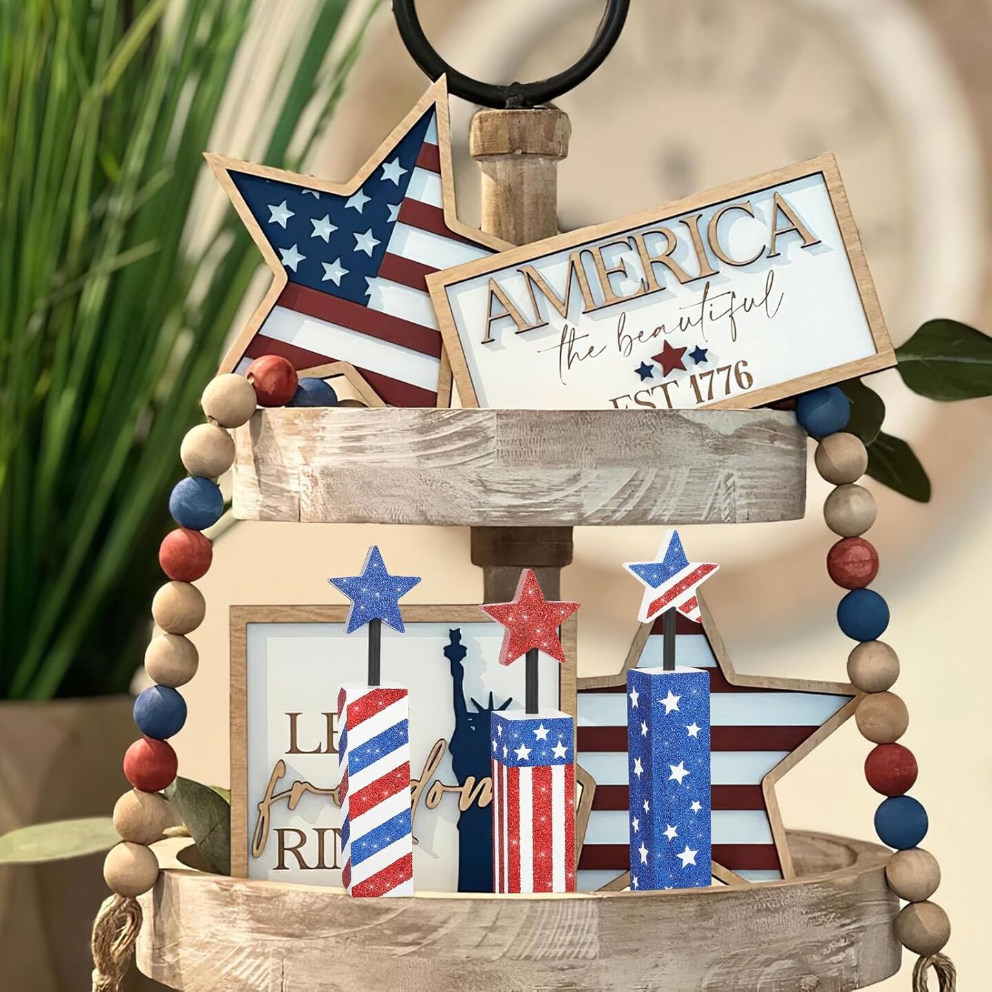 4th of July Decorations Set, Red White Blue Decor, Wooden Patriotic Memorial Day Tabletop Decor, Labor Day Decorations, Fourth of July Decoration for Home Office Table (Flag Shinny)