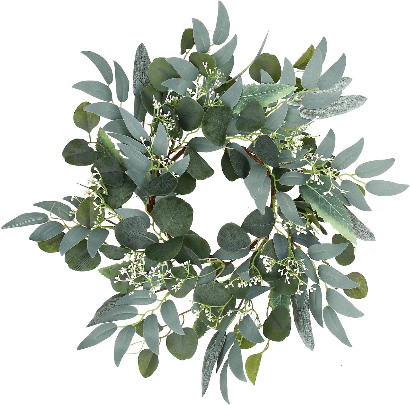 Artificial Green Eucalyptus Wreath,15 inches Greenery Wreath with Clusters of White Flowers Mini Spring/Summer Wreaths for Front Door Wall Window Decor