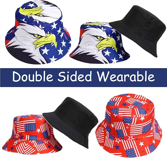 6 Pack Patriotic 4th of July Party Hats, American Flag Bucket Hats, USA Decorations Patriotic Hats Props, Red White and Blue USA Party Hats Accessories, Reversible Bucket Hats for Outdoor