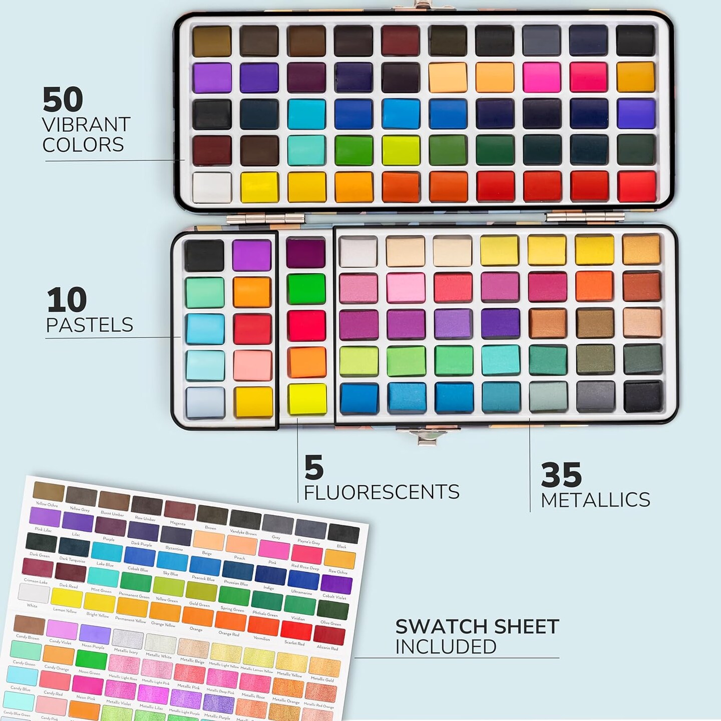 Watercolor Paint Set with 100 Colors - Water Color Pallet Adult &#x26; Kids with 3 Brush Pens - Vibrant, Neon, Pastel &#x26; Metallic Watercolor Paint