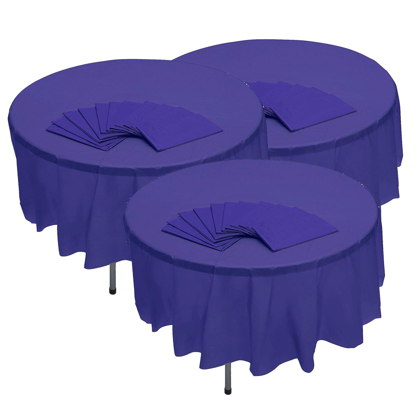 82" Bulk 12 Pc. Purple Banquet-Style Round Disposable Plastic Tablecloths