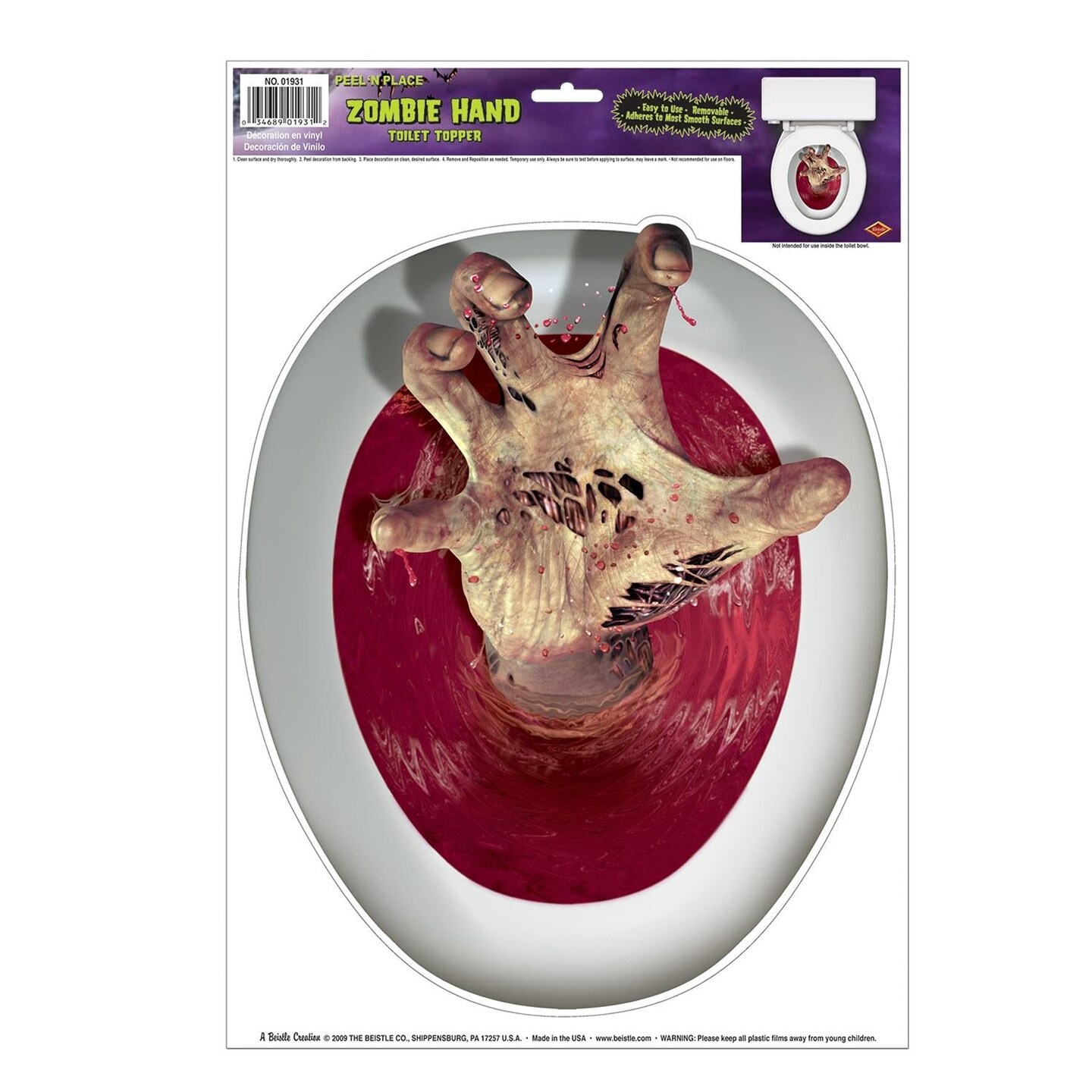 12 Pack Beistle Halloween Hand Toilet Topper Peel &#x27;N Place Clings