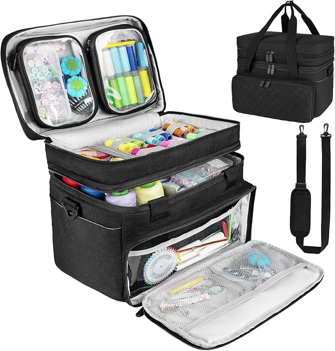 Sewing Accessories Organizer Case with Shoulder Strap,Double Layer Sewing Storage Bag with 2 Detachable Pouches for Sewing Accessories and Supplies,Large Travel Sewing Box for Sewing kit Tools,Black