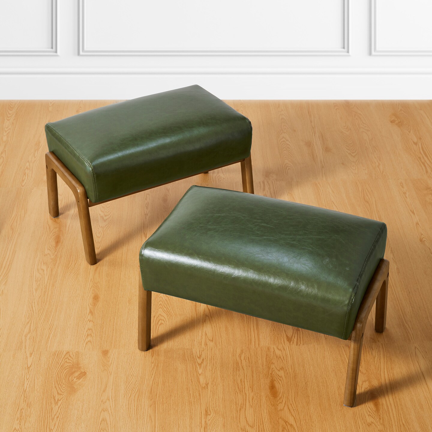 Mid-century Modern Leatherette Accent Stool with Walnut Rubberwood Legs