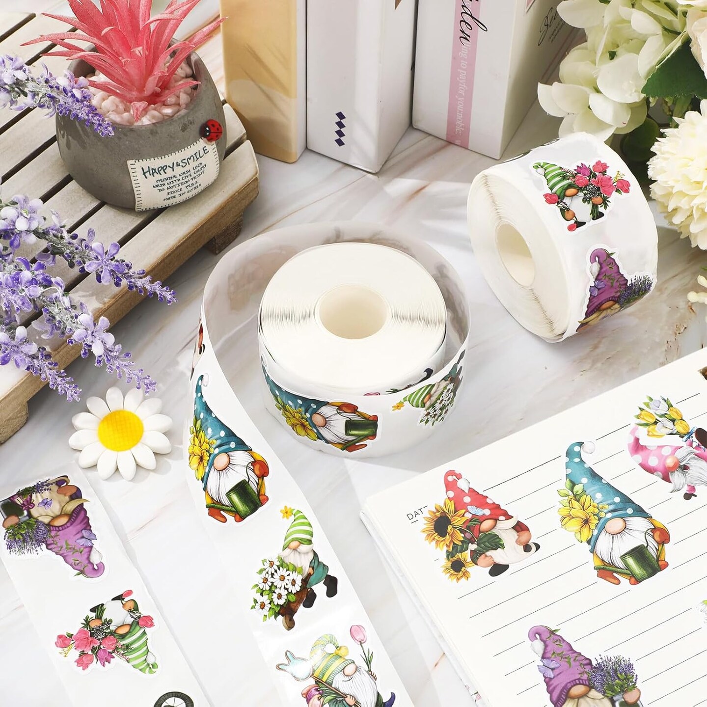 1000Pcs Spring Gnome Stickers 12 Designs Floral Gnome Decals Cute Adhesive Sealing Labels for Birthday Baby Shower Grocery Baking Bag Party Favor Supplies, 2 Rolls