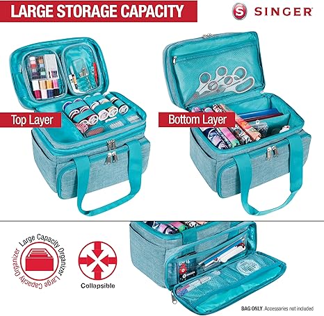Sewing Accessories Organizer (Bag Only) &#x2013; Double Layer Portable Sewing Storage Bag | 2 Detachable Pouches and 18 Compartments, Large Sewing Supplies &#x26; Crafting Carry-all (Teal)