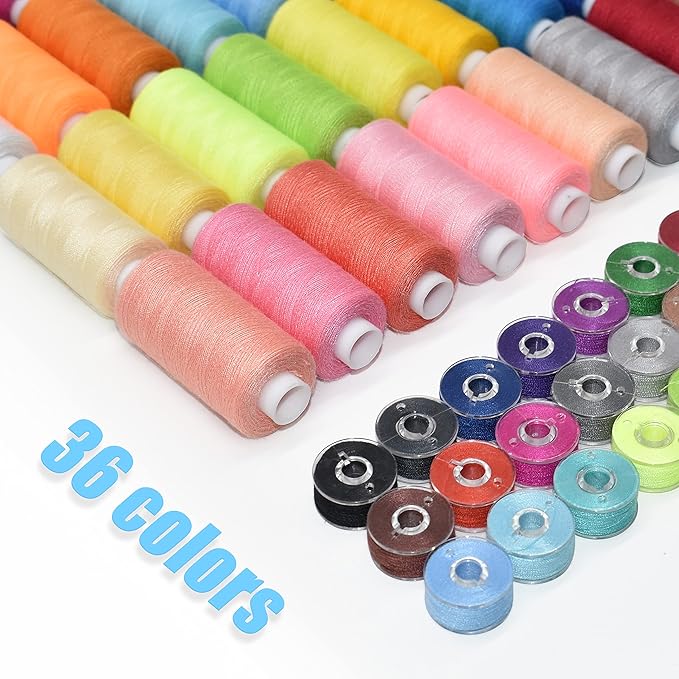 72Pcs 36 Colors Sewing Thread Set with Matching Prewound Bobbin Threads with Case, 550 Yards per Polyester Thread, Popular Colors Sewing Threads for Hand &#x26; Machine Sewing