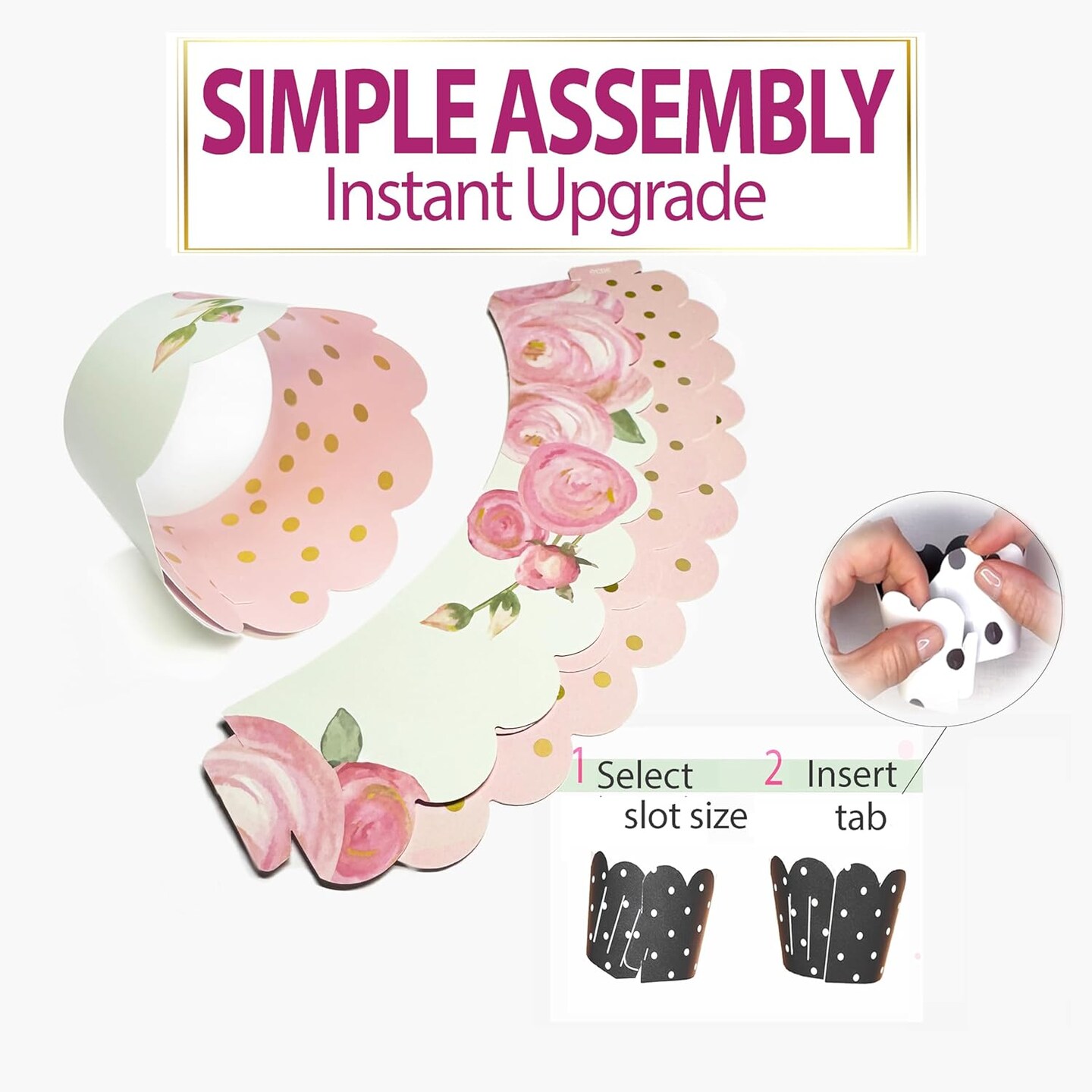 Cupcake Wrappers - Blush Pink & Gold Floral Wedding, Vintage Rose Bridal & Baby Shower Decorations, Fairytale Princess Birthday Party, Girl Gender Reveal, Reversible Dessert Wrap, Romantic (24 Count)