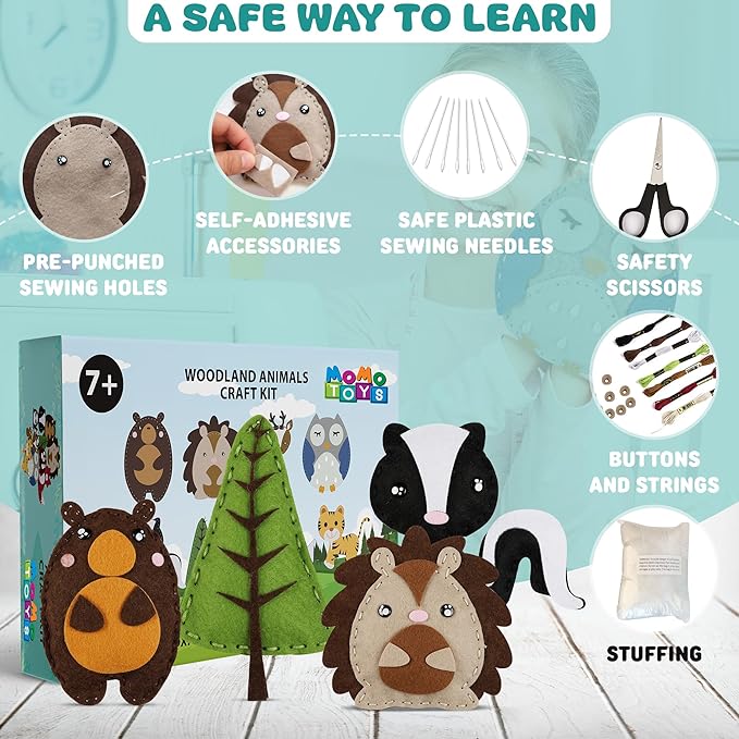 Kids Sewing Kit for Kids, Fun &#x26; Educational Woodland Animals Sew Craft Set for Boys and Girls Ages 8-12, Complete Beginner Sewing Kit with Felt Plushie for Creative DIY Projects