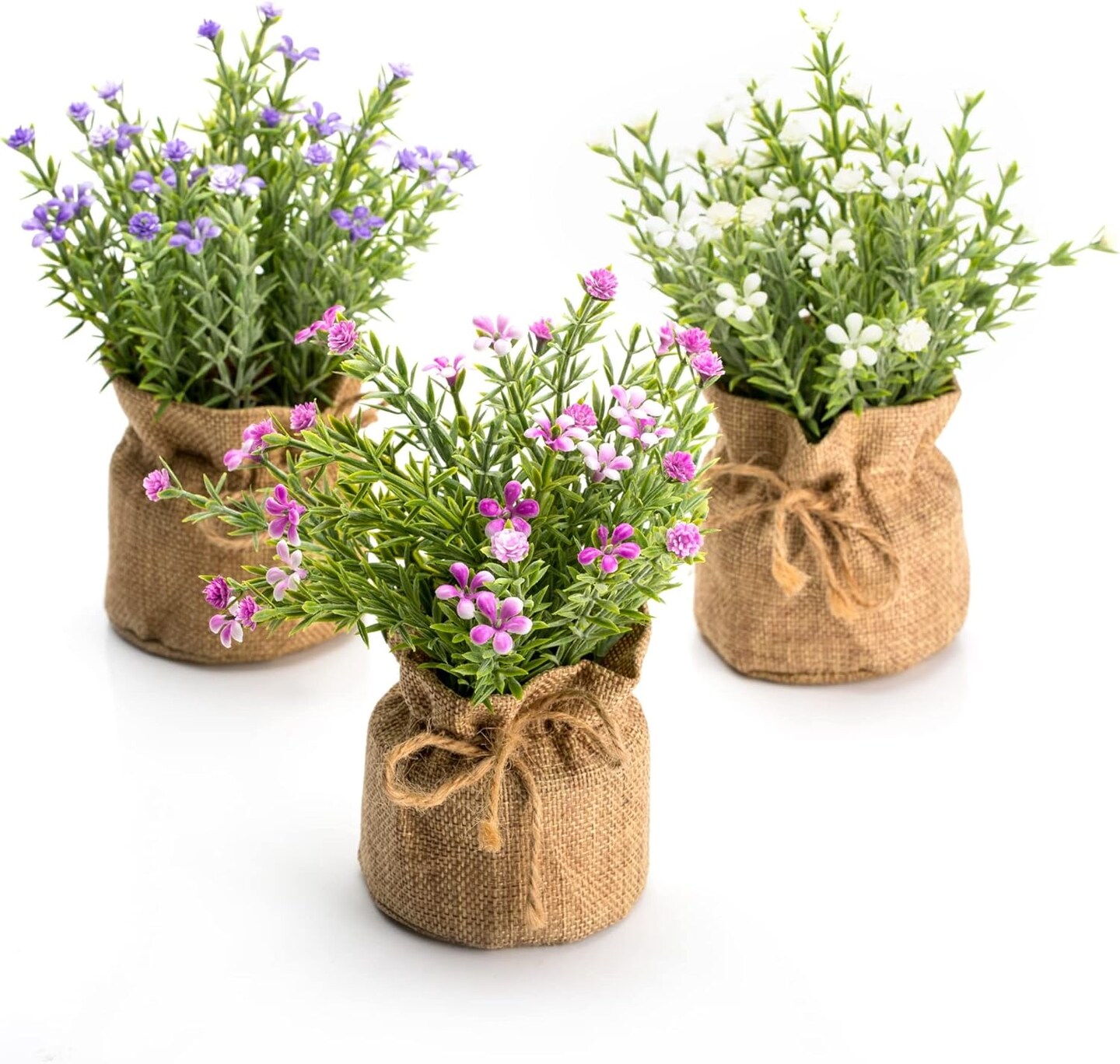 Babys Breath Artificial Flowers in Small Burlap Bag Vases 3Pcs -Gypsophila Faux Flowers Farmhouse