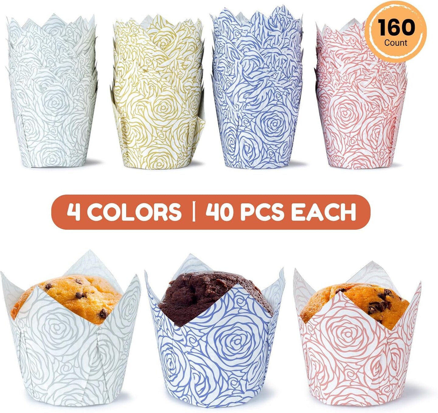 160pcs Tulip Paper Cupcake &#x26; Muffin Liners Oil Resistant - Standard Size 4 Colors Rose Pattern Baking Cups Cupcake Wrappers, Model BK010