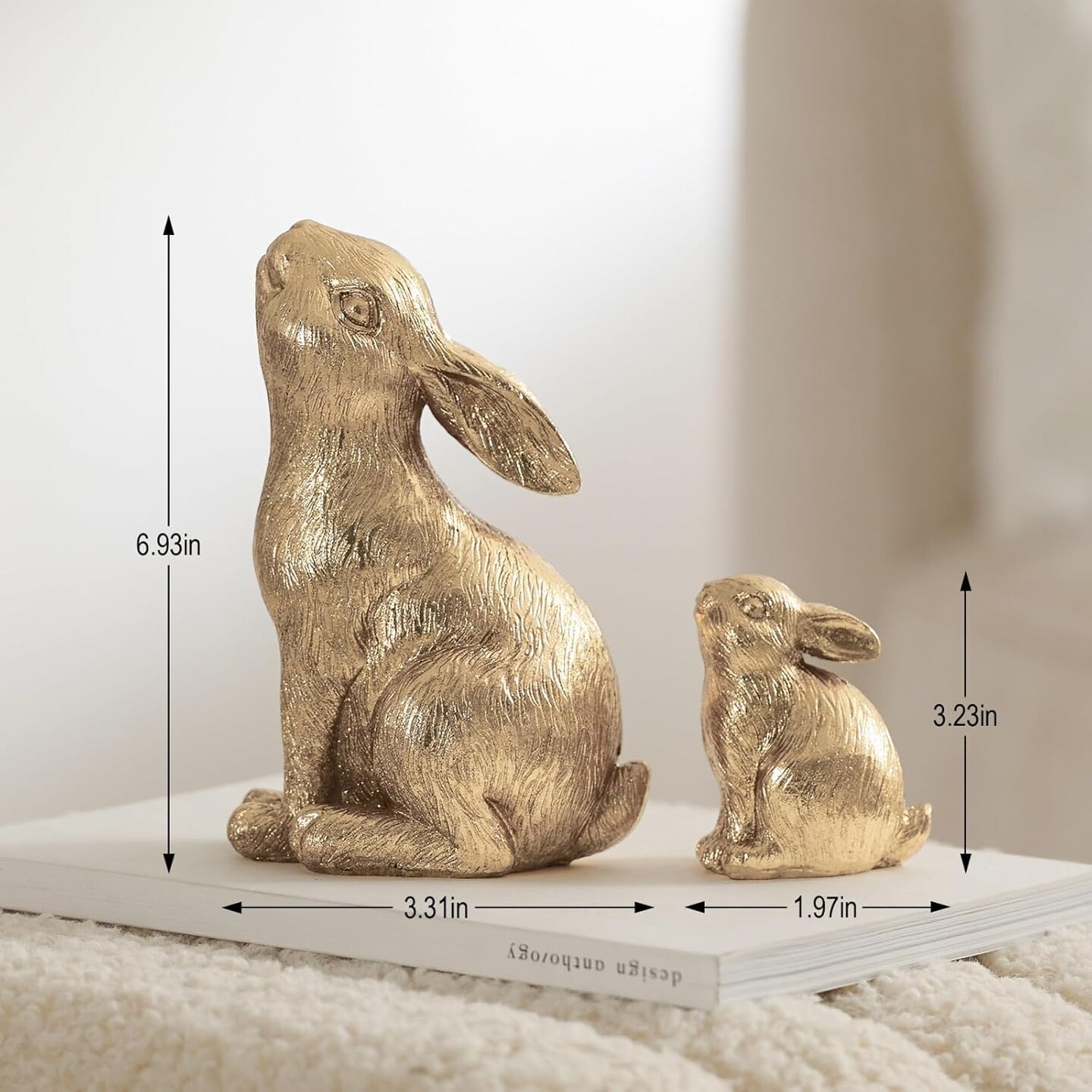 Set of 2 Easter Bunny Figurines, Gold Home Decor Resin Rabbit Statue