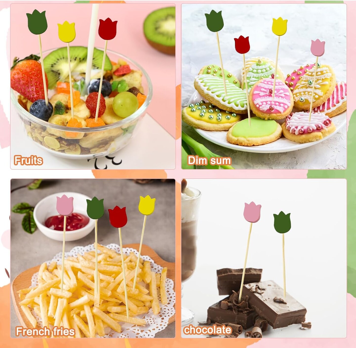 200Pcs Spring Cocktail Picks,Hello Spring Party Decorations, Spring Flower Toothpicks Daisy Sunflower Tulip Floral Decorative Toothpicks for Spring Party Drink Fruit Dessert Decoration,Tulip