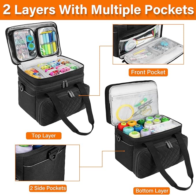 Sewing Accessories Organizer Case with Shoulder Strap,Double Layer Sewing Storage Bag with 2 Detachable Pouches for Sewing Accessories and Supplies,Large Travel Sewing Box for Sewing kit Tools,Black