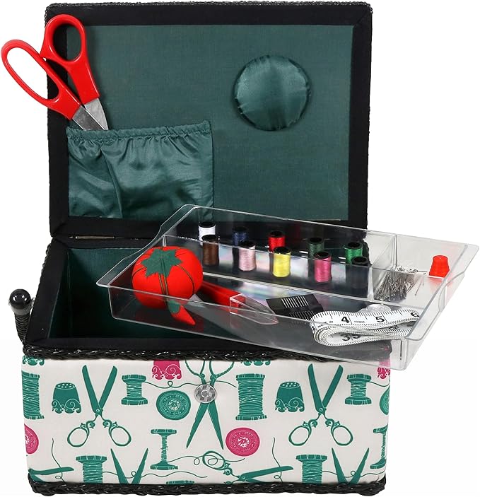 Basket with Sewing Notions Kit & Removable Tray-Vintage Spools, Tan