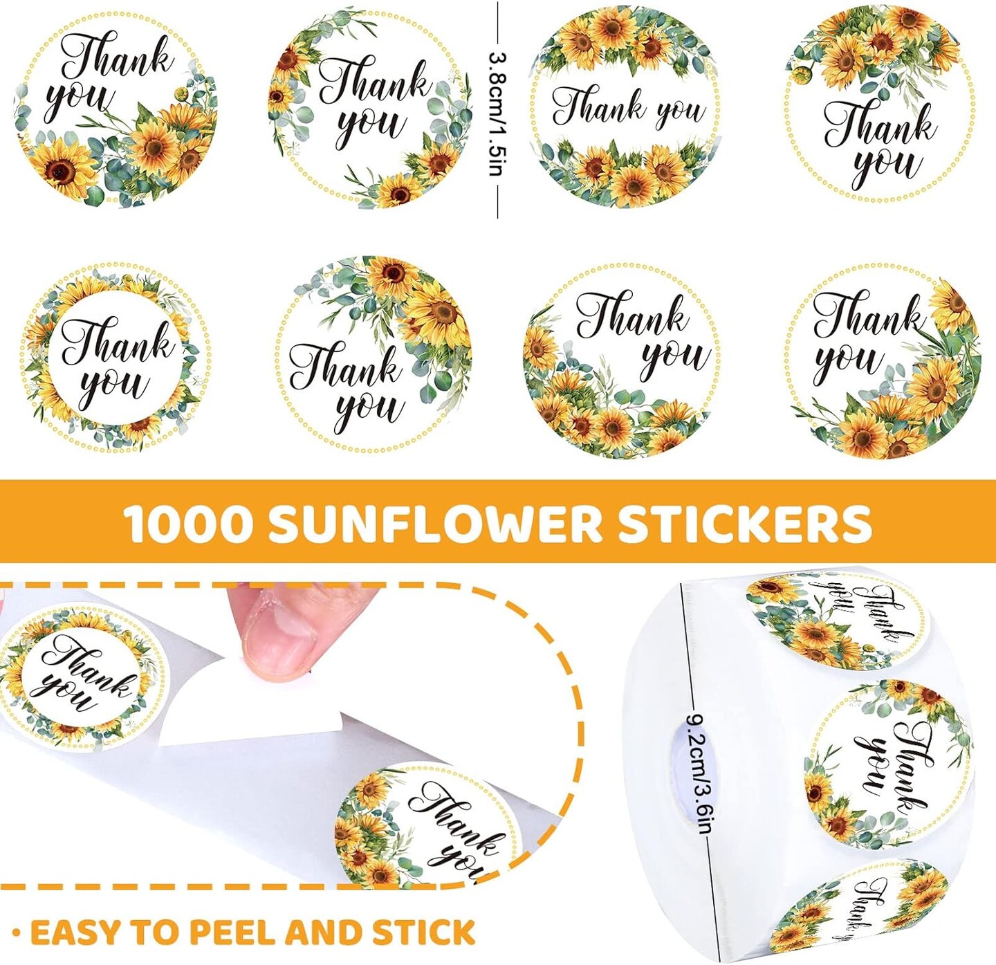 1000Pcs Sunflower Stickers, Baby Shower Thank You Stickers in Roll, Bridal Shower Wedding Favor Decal Stickers, Sun Flowers Round Decal Labels for Spring Summer Party Envelope Baking Bag
