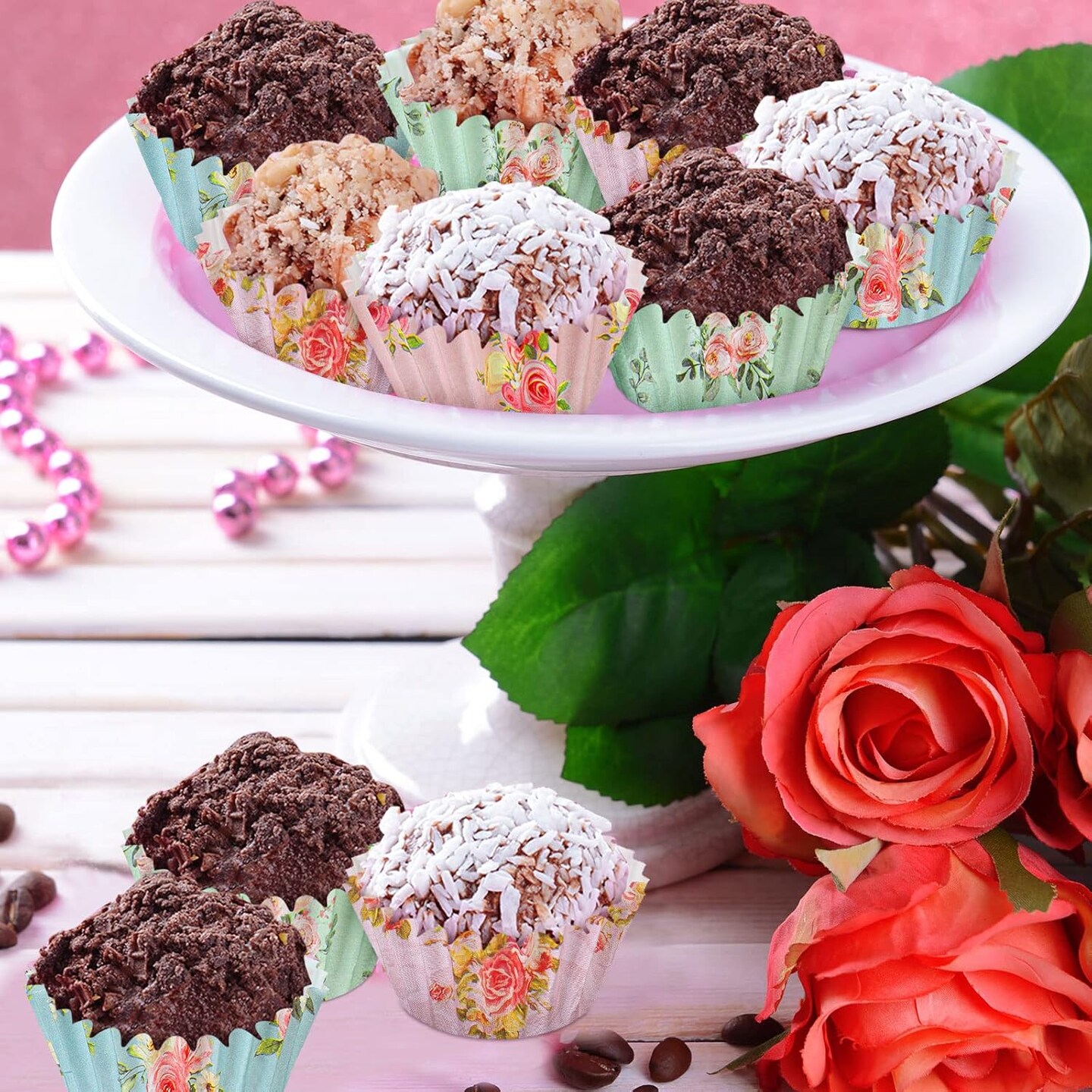 600 Pcs Floral Mini Cupcake Liners for Baking Watercolor Flower Small Cupcake Liners Wrappers Tea Party Baking Paper for Shower Wedding Bridal Showers Birthday Party Decoration