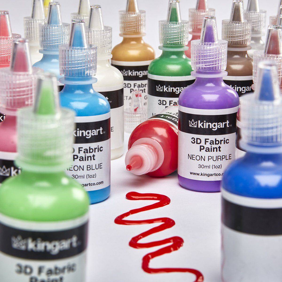 KINGART&#xAE; Permanent 3-D Fabric Paint, Set of 30 Colors, 30ml Bottles, Washer &#x26; Dryer Safe, Textile Paint for Clothes, T-Shirts, Jeans, Bags, Shoes, Art and Craft Supplies for DIY Projects